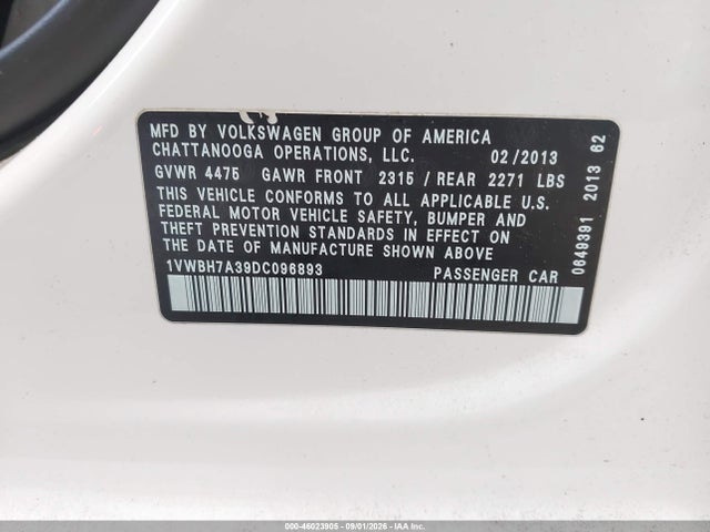 2013 Volkswagen Passat 2.5l Se მანქანა იყიდება აუქციონზე, vin: 1VWBH7A39DC096893, აუქციონის ნომერი: 46023905
