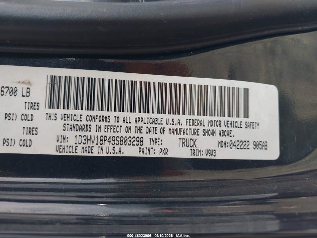 46023906 :رقم المزاد ، 1D3HV18P49S803298 vin ، 2009 Dodge Ram 1500 Slt/sport/trx مزاد بيع