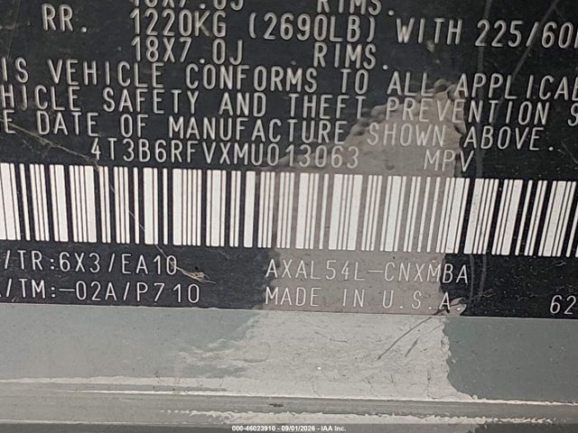 Aukcja sprzedaży 2021 Toyota Rav4 Hybrid Xle Premium, vin: 4T3B6RFVXMU013063, numer aukcji: 46023910