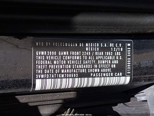 46023915 :رقم المزاد ، 3VWFD7AT1KM708593 vin ، 2019 Volkswagen Beetle 2.0t Final Edition Se/2.0t Final Edition Sel/2.0t S مزاد بيع