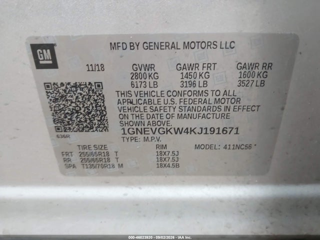 Chevrolet Traverse 1lt 2019 1GNEVGKW4KJ191671 Image 9