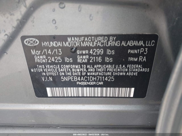 Продажа на аукционе авто 2013 Hyundai Sonata Gls, vin: 5NPEB4AC1DH711425, номер лота: 46023922