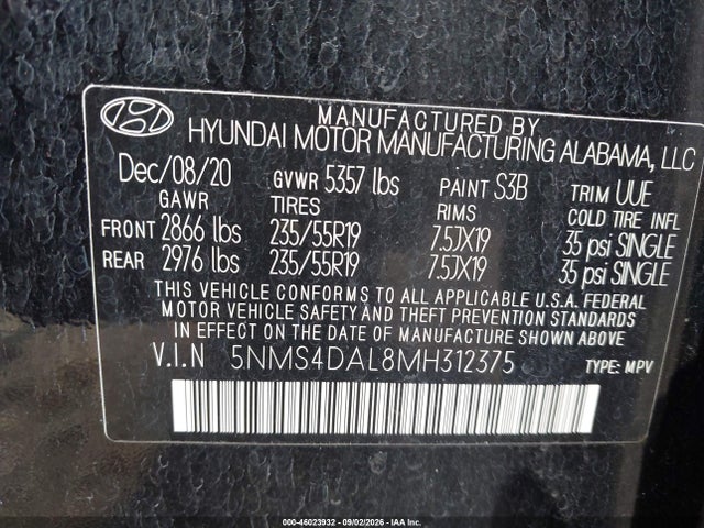 46023932 :رقم المزاد ، 5NMS4DAL8MH312375 vin ، 2021 Hyundai Santa Fe Limited مزاد بيع
