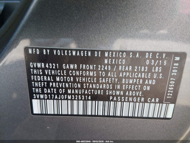 46023946 :رقم المزاد ، 3VWD17AJ0FM325314 vin ، 2015 Volkswagen Jetta 1.8t Sport مزاد بيع
