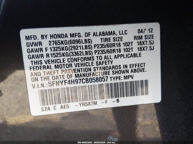 46023962 :رقم المزاد ، 5FNYF4H97CB058057 vin ، 2012 Honda Pilot Touring مزاد بيع