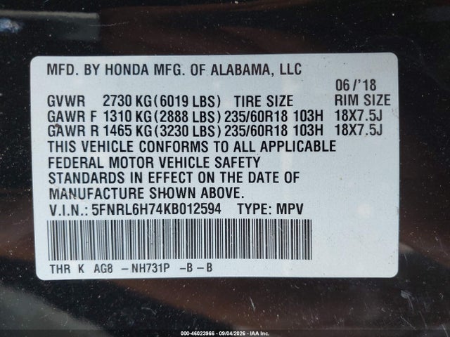 Продажа на аукционе авто 2019 Honda Odyssey Ex-l, vin: 5FNRL6H74KB012594, номер лота: 46023966