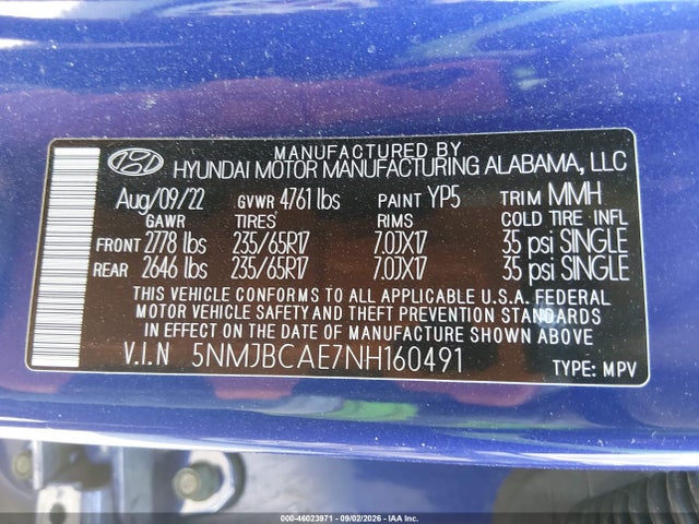 Продаж на аукціоні авто 2022 Hyundai Tucson Sel, vin: 5NMJBCAE7NH160491, номер лоту: 46023971