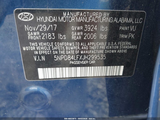 46023975 :رقم المزاد ، 5NPD84LFXJH299535 vin ، 2018 Hyundai Elantra Limited مزاد بيع