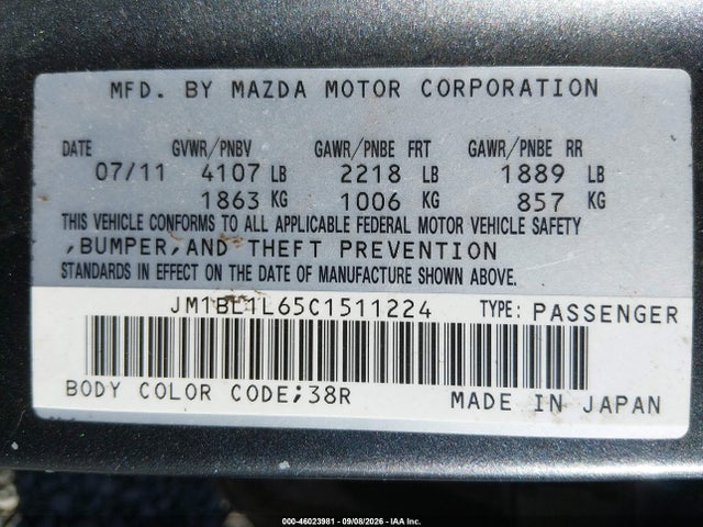 Aukcja sprzedaży 2012 Mazda Mazda3 S Touring, vin: JM1BL1L65C1511224, numer aukcji: 46023981
