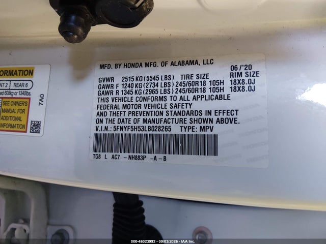 Honda Pilot 2wd Ex-l 2020 5FNYF5H53LB028265 Image 9