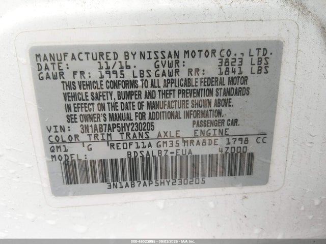 2017 Nissan Sentra S მანქანა იყიდება აუქციონზე, vin: 3N1AB7AP5HY230205, აუქციონის ნომერი: 46023995