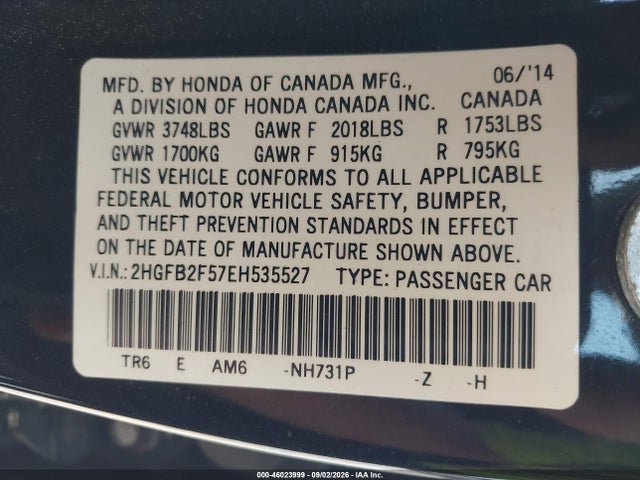 Продаж на аукціоні авто 2014 Honda Civic Lx, vin: 2HGFB2F57EH535527, номер лоту: 46023999