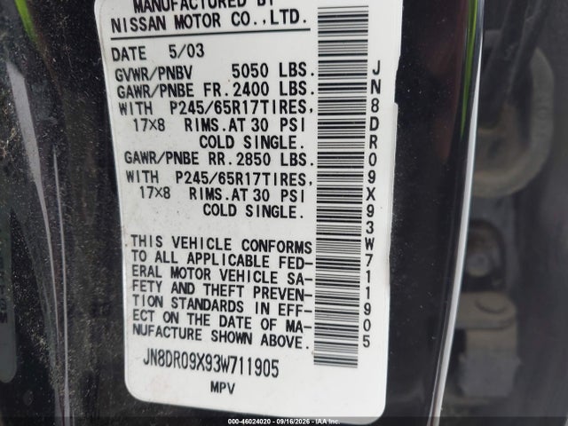 Aukcja sprzedaży 2003 Nissan Pathfinder Le, vin: JN8DR09X93W711905, numer aukcji: 46024020