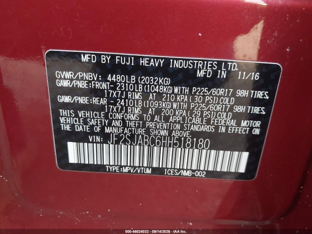 Auction sale of the 2017 Subaru Forester 2.5i, vin: JF2SJABC6HH518180, lot number: 46024032
