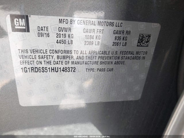 Aukcja sprzedaży 2017 Chevrolet Volt Premier, vin: 1G1RD6S51HU148372, numer aukcji: 46024040