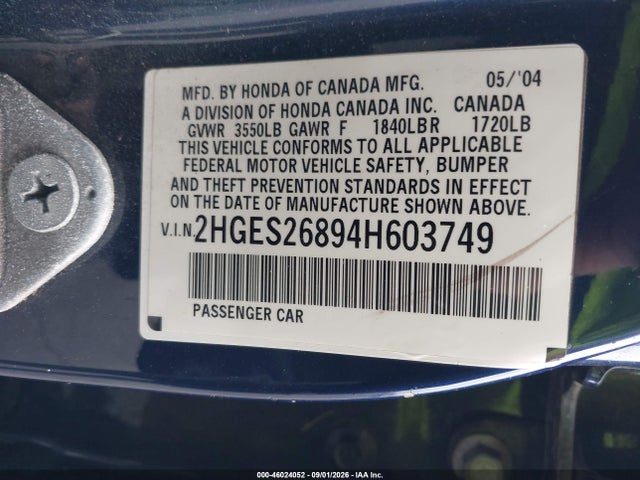 46024052 :رقم المزاد ، 2HGES26894H603749 vin ، 2004 Honda Civic Ex مزاد بيع