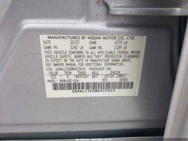 Продажа на аукционе авто 2008 Nissan Altima 2.5 S, vin: 1N4AL21E08N435414, номер лота: 46024057