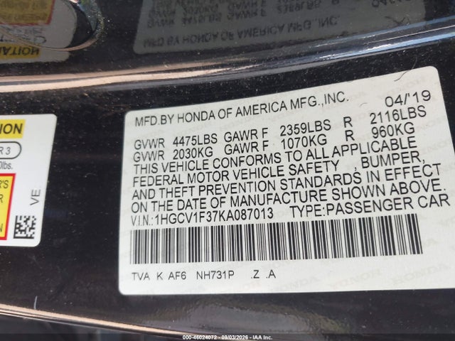 Aukcja sprzedaży 2019 Honda Accord Sport, vin: 1HGCV1F37KA087013, numer aukcji: 46024072