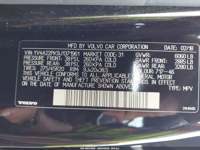 Aukcja sprzedaży 2018 Volvo Xc90 T6 Momentum, vin: YV4A22PK9J1371961, numer aukcji: 46024080