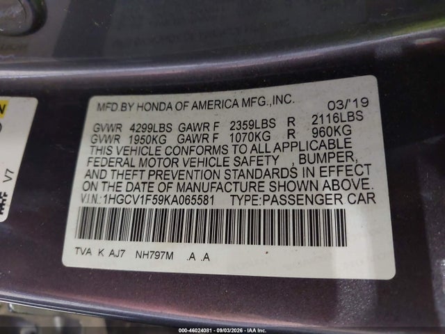 46024081 :رقم المزاد ، 1HGCV1F59KA065581 vin ، 2019 Honda Accord Ex-l مزاد بيع