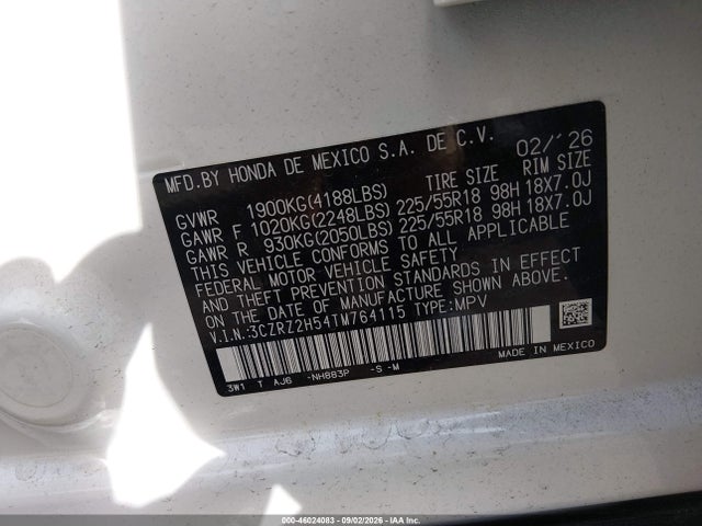 46024083 :رقم المزاد ، 3CZRZ2H54TM764115 vin ، 2026 Honda Hr-v Awd Sport مزاد بيع