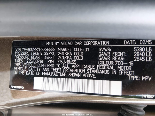 Продаж на аукціоні авто 2015 Volvo Xc60 T6, vin: YV4902RK1F2736995, номер лоту: 46024098