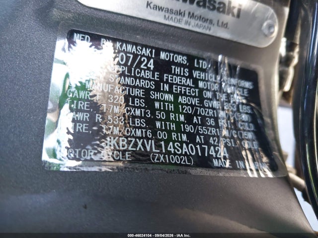 2025 Kawasaki Zx1002 L მანქანა იყიდება აუქციონზე, vin: JKBZXVL14SA017424, აუქციონის ნომერი: 46024104