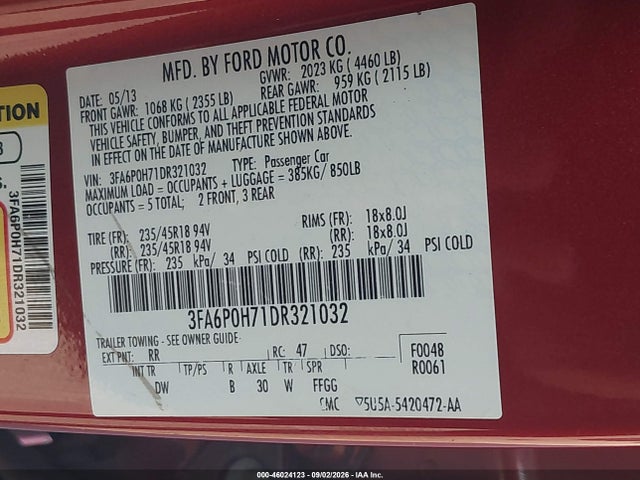 2013 Ford Fusion Se მანქანა იყიდება აუქციონზე, vin: 3FA6P0H71DR321032, აუქციონის ნომერი: 46024123