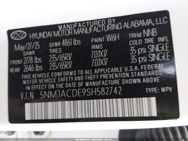 46024124 :رقم المزاد ، 5NMJACDE9SH582742 vin ، 2025 Hyundai Tucson Se مزاد بيع