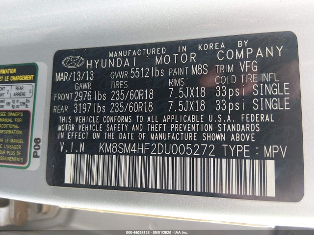 Продажа на аукционе авто 2013 Hyundai Santa Fe Gls, vin: KM8SM4HF2DU005272, номер лота: 46024128