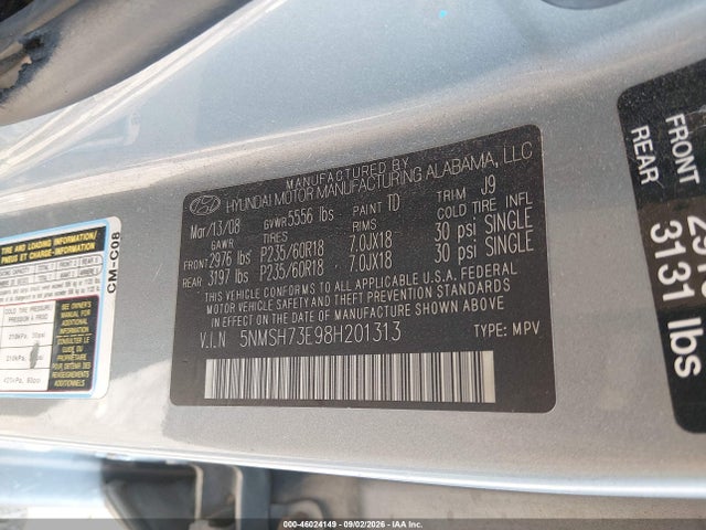 Продажа на аукционе авто 2008 Hyundai Santa Fe Limited/se, vin: 5NMSH73E98H201313, номер лота: 46024149