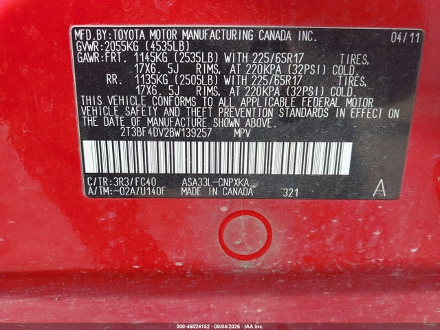 Aukcja sprzedaży 2011 Toyota Rav4, vin: 2T3BF4DV2BW139257, numer aukcji: 46024152