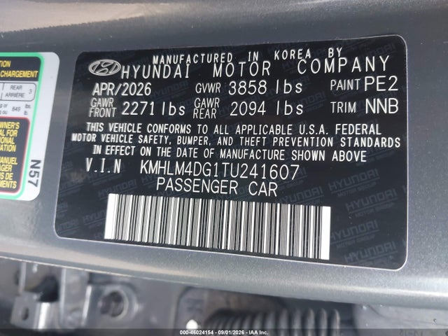 46024154 :رقم المزاد ، KMHLM4DG1TU241607 vin ، 2026 Hyundai Elantra Sel Sport مزاد بيع