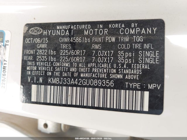 Auction sale of the 2016 Hyundai Tucson Se, vin: KM8J33A42GU089356, lot number: 46024158