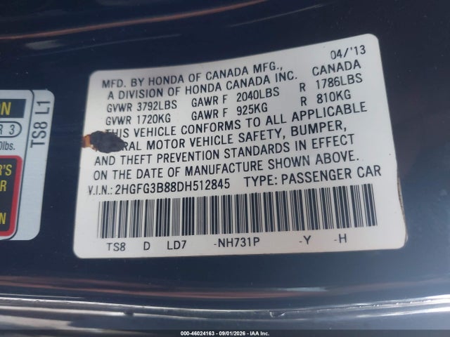 46024163 :رقم المزاد ، 2HGFG3B88DH512845 vin ، 2013 Honda Civic Ex مزاد بيع