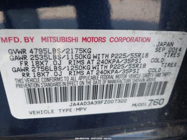 Aukcja sprzedaży 2015 Mitsubishi Outlander Se, vin: JA4AD3A39FZ007322, numer aukcji: 46024165