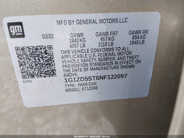 Продажа на аукционе авто 2022 Chevrolet Malibu Fwd Lt, vin: 1G1ZD5ST6NF122097, номер лота: 46024174