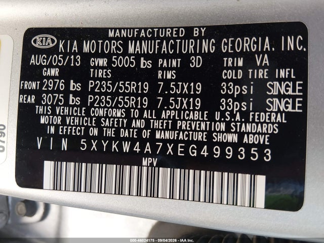 46024175 :رقم المزاد ، 5XYKW4A7XEG499353 vin ، 2014 Kia Sorento Sx مزاد بيع