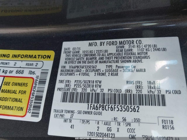 2015 Ford Mustang Gt Premium მანქანა იყიდება აუქციონზე, vin: 1FA6P8CF6F5350562, აუქციონის ნომერი: 46024180