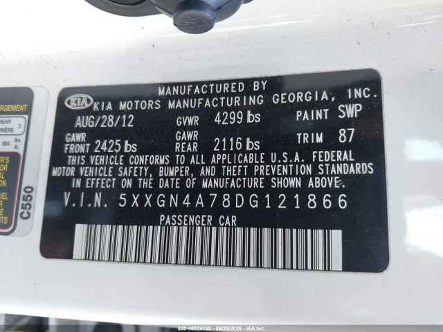 Aukcja sprzedaży 2013 Kia Optima Ex, vin: 5XXGN4A78DG121866, numer aukcji: 46024186