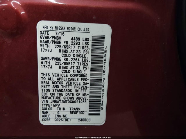 46024193 :رقم المزاد ، JN8AT2MT0GW021955 vin ، 2016 Nissan Rogue Sv مزاد بيع