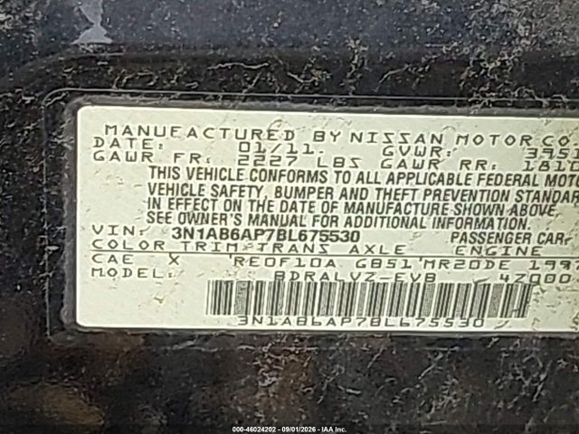 46024202 :رقم المزاد ، 3N1AB6AP7BL675530 vin ، 2011 Nissan Sentra 2.0sl مزاد بيع