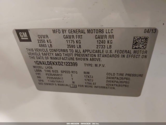 2013 Chevrolet Equinox 1lt მანქანა იყიდება აუქციონზე, vin: 1GNALDEKXDZ122399, აუქციონის ნომერი: 46024206