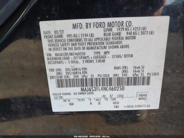 46024208 :رقم المزاد ، MAJ6S3FL4NC460250 vin ، 2022 Ford Ecosport S مزاد بيع