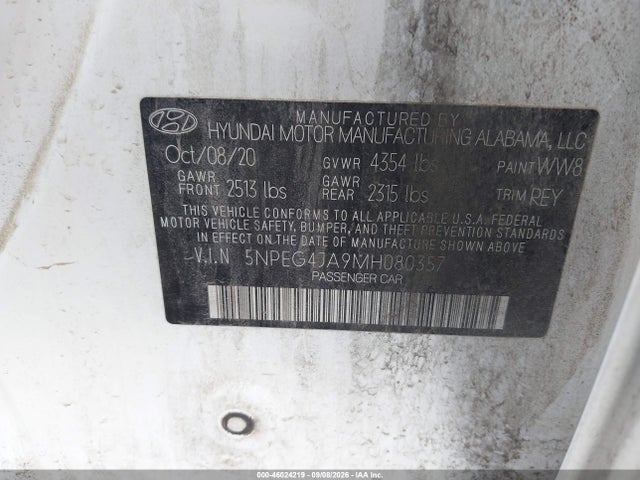 Aukcja sprzedaży 2021 Hyundai Sonata Se, vin: 5NPEG4JA9MH080357, numer aukcji: 46024219