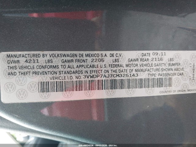 Продажа на аукционе авто 2012 Volkswagen Jetta 2.5l Se, vin: 3VWDP7AJ7CM325143, номер лота: 46024226