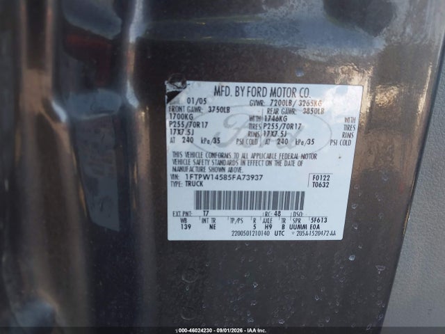 2005 Ford F-150 Fx4/lariat/xlt მანქანა იყიდება აუქციონზე, vin: 1FTPW14585FA73937, აუქციონის ნომერი: 46024230