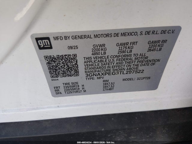 Aukcja sprzedaży 2026 Chevrolet Equinox Awd Lt, vin: 3GNAXPEG3TL297522, numer aukcji: 46024234
