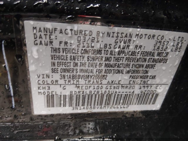 Продаж на аукціоні авто 2021 Nissan Sentra S Xtronic Cvt, vin: 3N1AB8BV8MY266662, номер лоту: 46024235