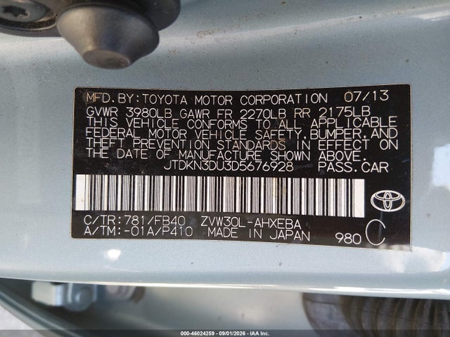 Продаж на аукціоні авто 2013 Toyota Prius, vin: JTDKN3DU3D5676928, номер лоту: 46024259